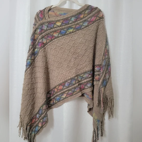 Beige Knit Poncho with Multicolor Accents OS - Picture 2 of 8